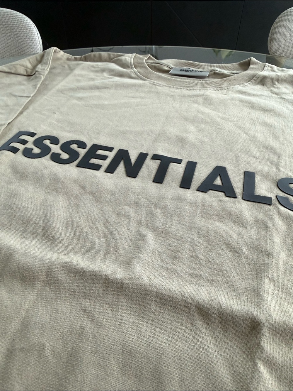Essentials Short Sleeve Crewneck Tee in Beige with Black Logo